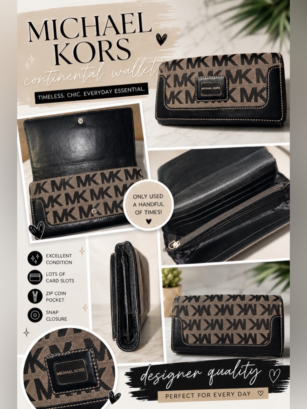 Michael Kors MK Logo Continental Wallet‎ Black Beige Snap Closure